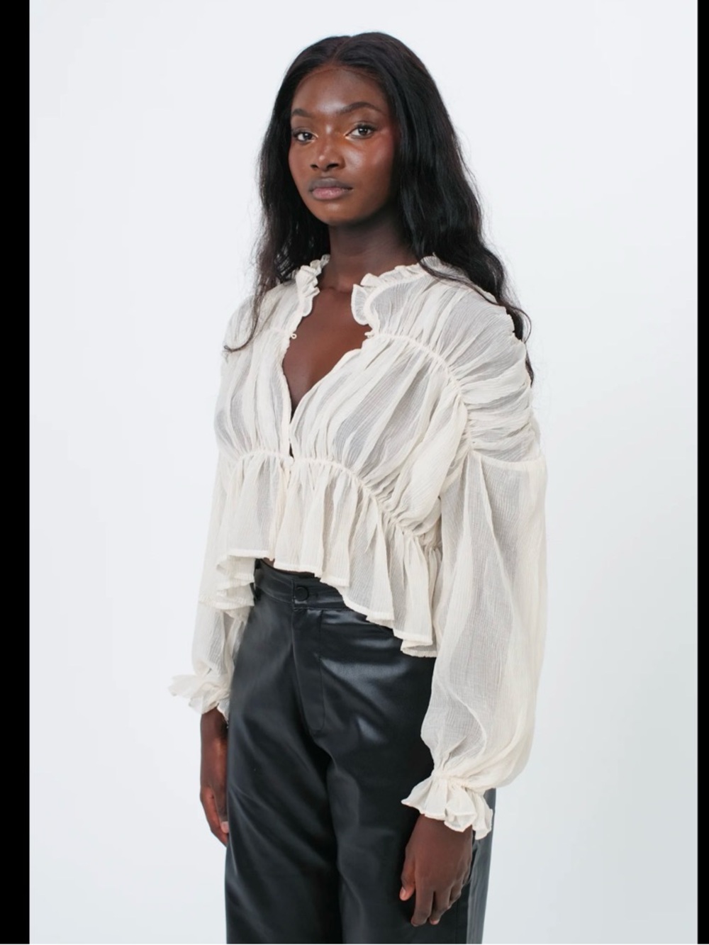Sheer Ivory Ruffled Peasant Blouse - Women's Top